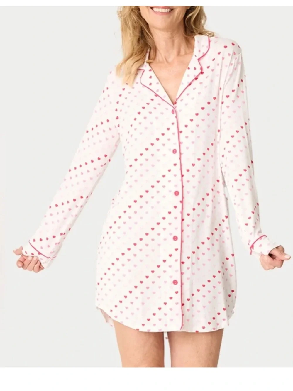 PJ Salvage Heart Print Button Down Sleepshirt Nightgown Pink Size Small